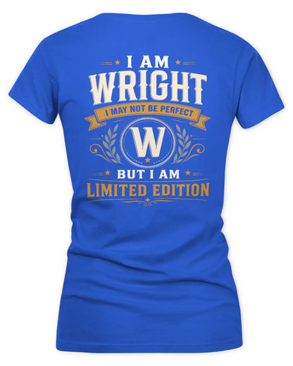 WRIGHT KT88-V9 - Personalized “I Am NAME I May Not Be Perfect, But I Am Limited Edition” - Women's V-Neck T-Shirt - Royal