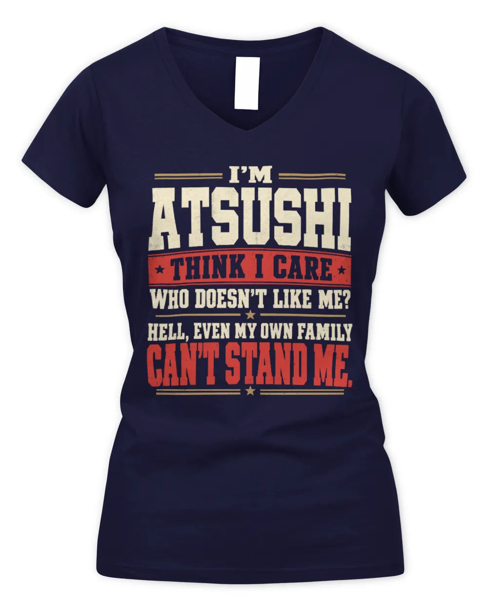 ATSUSHI-KTL06-H009 I’m [NAME] – Think I Care? Personalized Funny T-Shirt - Women's V-Neck T-Shirt - Navy
