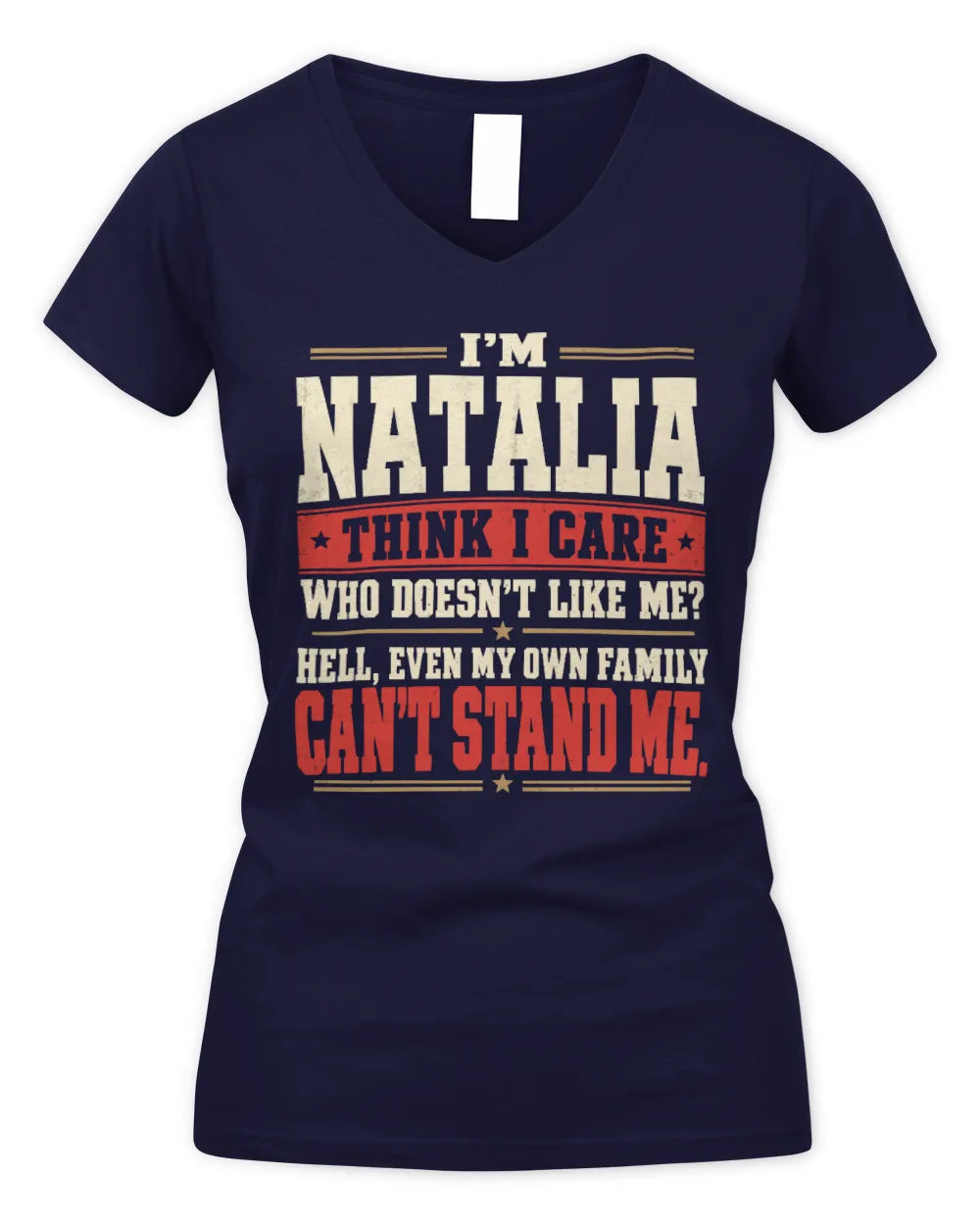 NATALIA-KTL06-H009 I’m [NAME] – Think I Care? Personalized Funny T-Shirt - Women's V-Neck T-Shirt - Navy